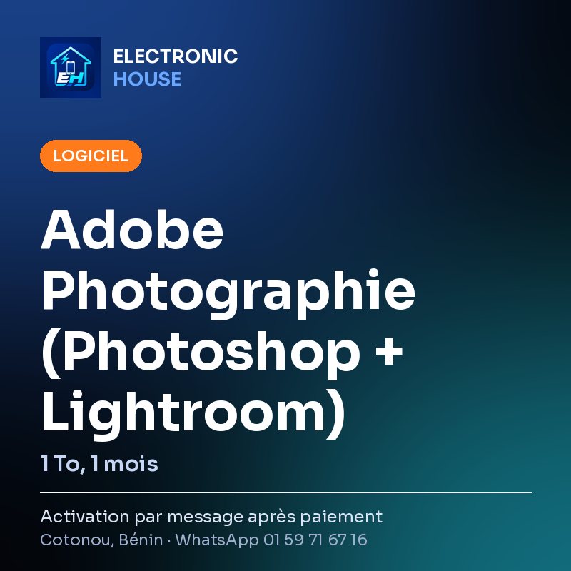 Adobe Photographie (Photoshop + Lightroom) – 1 To, 1 mois – affiche Electronic HOUSE