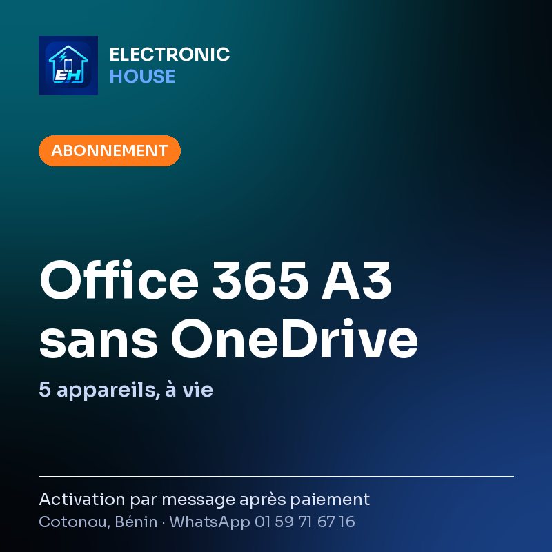 Office 365 A3 sans OneDrive – 5 appareils, à vie – affiche Electronic HOUSE