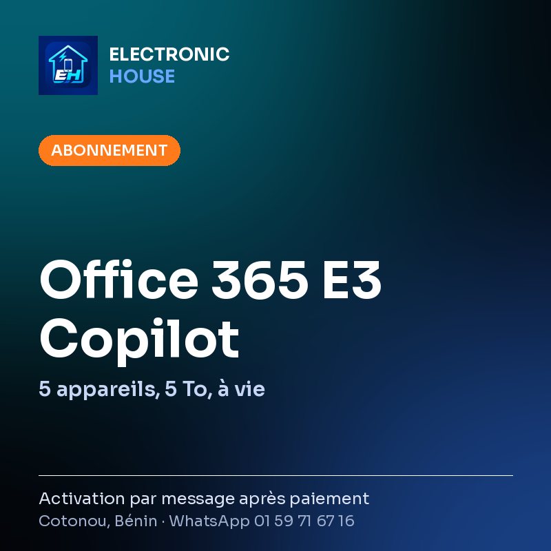 Office 365 E3 Copilot – 5 appareils, 5 To, à vie – affiche Electronic HOUSE