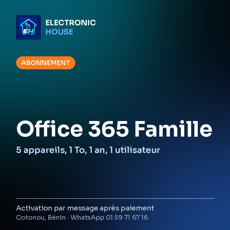 Office 365 Famille – 5 appareils, 1 To, 1 an, 1 utilisateur – affiche Electronic HOUSE