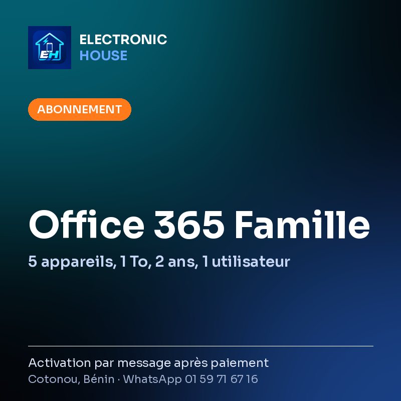 Office 365 Famille – 5 appareils, 1 To, 2 ans, 1 utilisateur – affiche Electronic HOUSE
